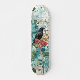 Distressed Teal Florals Raven & Roses Skateboard 