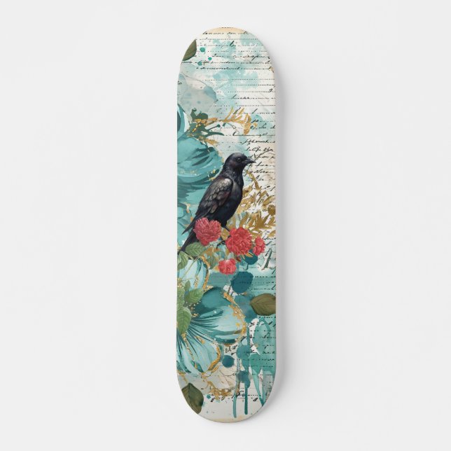 Distressed Teal Florals Raven & Roses Skateboard  (Frente)