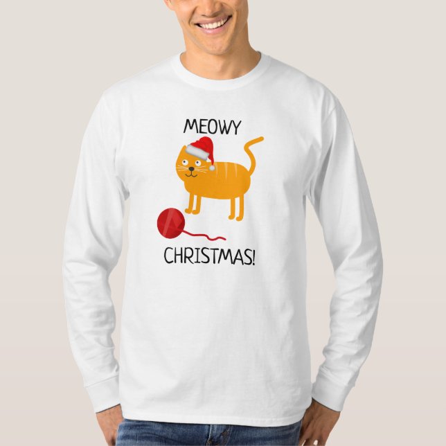 Diversão Laranja Cat Meowy Natal Mens T-Shirt (Frente)
