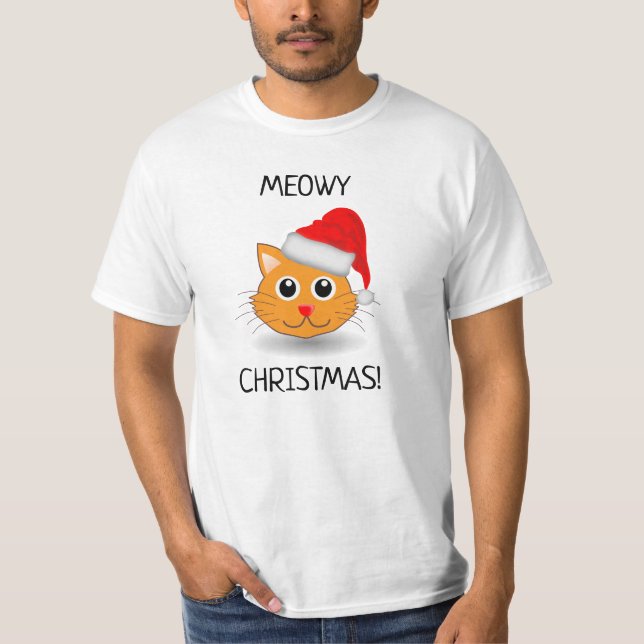 Diversão Laranja Cat Meowy Natal Mens T-Shirt (Frente)