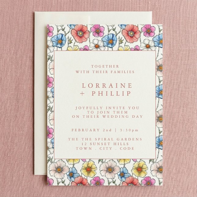 Diversão vibrante de flores silvestres convite par (Fun vibrant wildflowers pattern wedding invitation.)