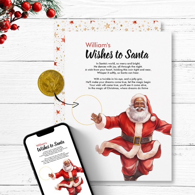 Divertido Desejo aos Papais noeis FAZER Cartão de  (Wishes to Santa DIY Coin Card Magic Christmas Black Mr Claus wishing north pole letter Vintage retro)