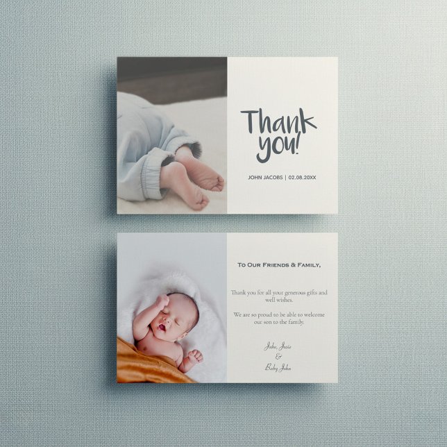 Divertido, sua foto, garoto, cartões de agradecime (Fun, your photo, boy, baby shower thank you card with message and 2 photos.)