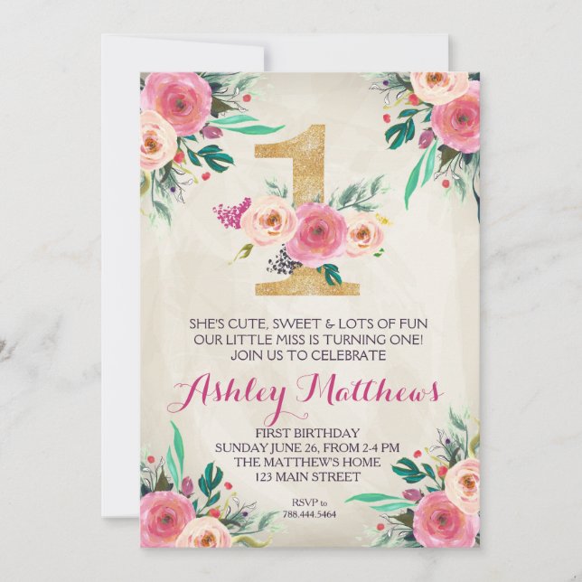 Do primeiro aniversario convite floral bonito (Frente)