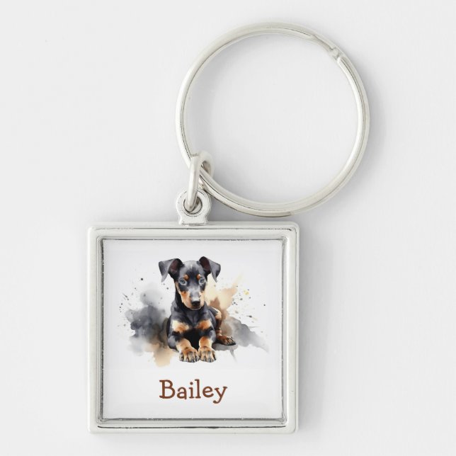 Doberman Pinscher Watercolor Chaveiro (Frente)