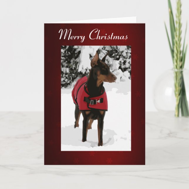 Doberman vermelho no cartão de Natal da neve (fita (Frente)
