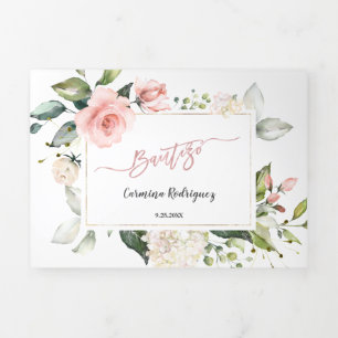 Dobra Tripla Convite de Batismo Com Flores Foto Batismo