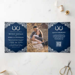 Dobra Tripla Convite de Casamento com Código QR de Foto de Cava