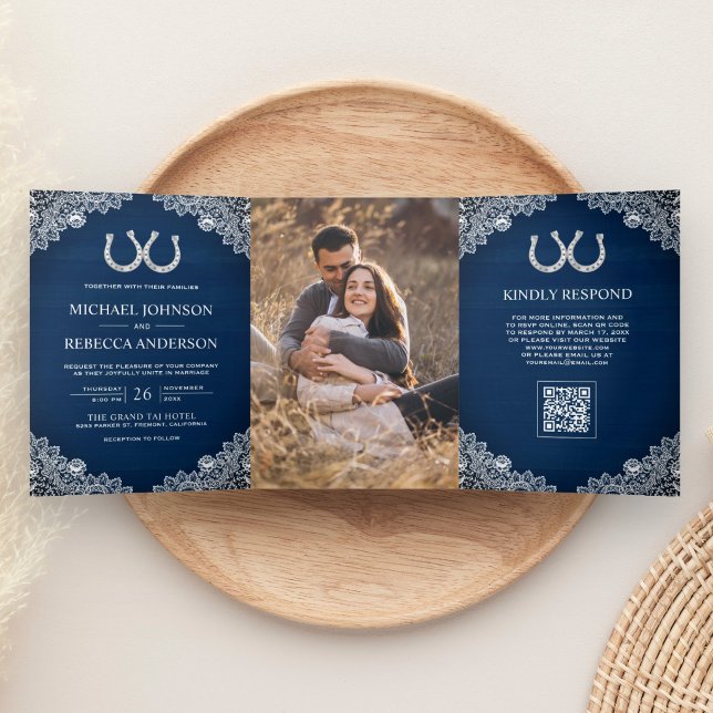 Dobra Tripla Convite de Casamento com Código QR de Foto de Cava (Criador carregado)