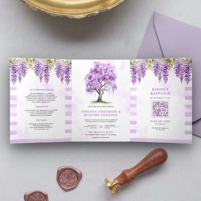 Dobra Tripla Convite de Casamento com Código QR e Foto da Árvor (Criador carregado)