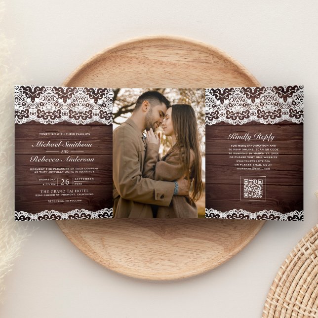 Dobra Tripla Convite de Casamento com Código QR e Foto de Renda (Criador carregado)
