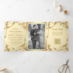 Dobra Tripla Convite de Casamento com Código QR Foto Floral Ama