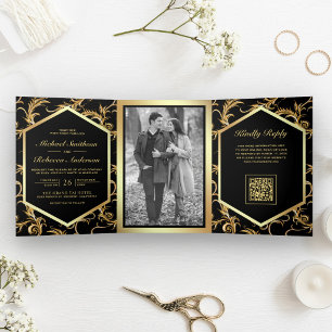 Dobra Tripla Convite de Casamento com Código QR Foto Redemoinho