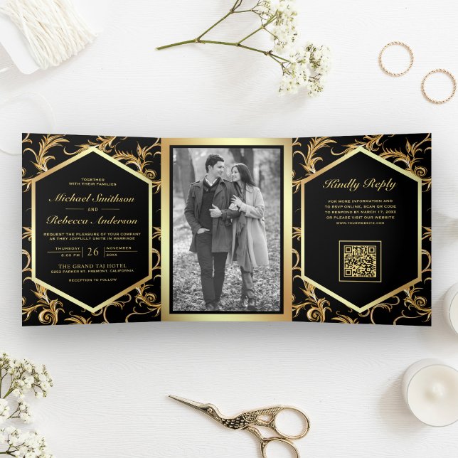 Dobra Tripla Convite de Casamento com Código QR Foto Redemoinho (Criador carregado)