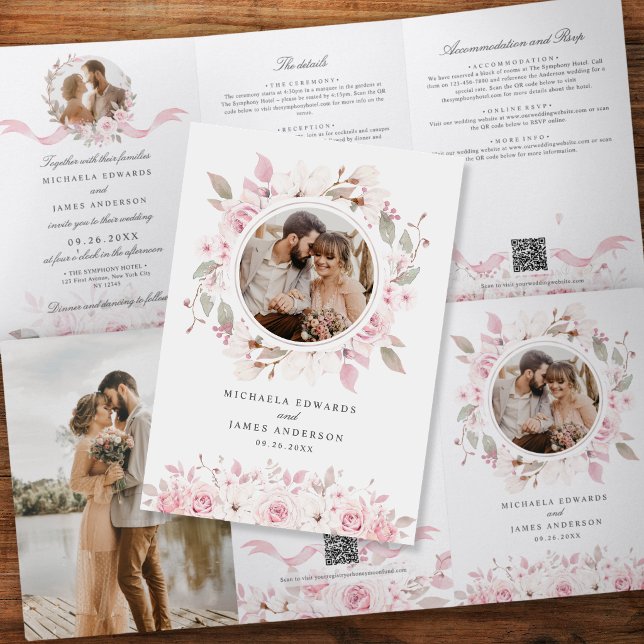 Dobra Tripla Convite de Casamento com Flores em Aquarela Rosa e (Criador carregado)