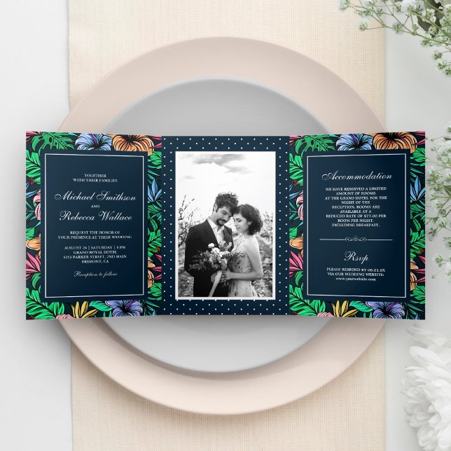 Dobra Tripla Convite de Casamento com Foto de Jardim Floral Tro (Criador carregado)