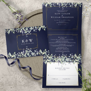 Dobra Tripla Convite de Casamento com Foto Monograma Azul Naval