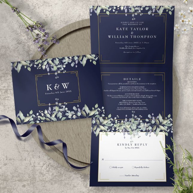 Dobra Tripla Convite de Casamento com Foto Monograma Azul Naval (Criador carregado)