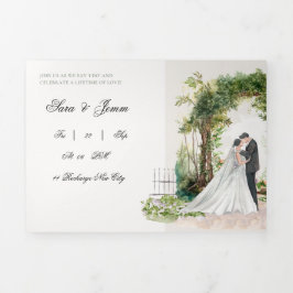 Dobra Tripla Convite de Casamento de Jardim com Aquarela Românt