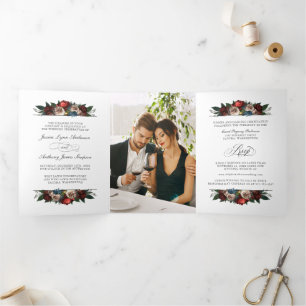 Dobra Tripla Convite de casamento Floral Elegante com Foto e RS