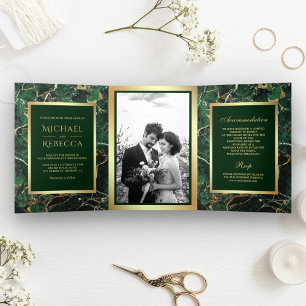 Dobra Tripla Convite de Casamento Foto com Folha de Ouro Falso 