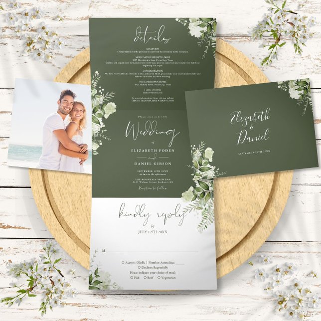 Dobra Tripla Convite de Casamento Moderno com Fotografia de Ver (Olive Modern Botanical Greenery Photo Wedding Tri-Fold Invitation)