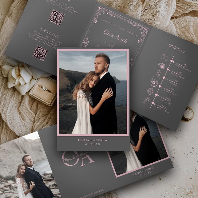 Dobra Tripla Convite de casamento RSVP com código QR de foto el (Criador carregado)