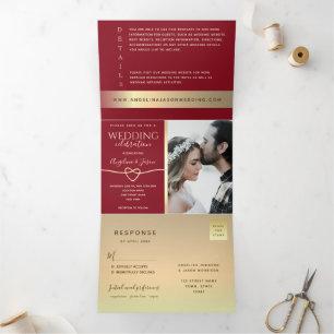 Dobra Tripla Convite de Casamento Tri-Fold com Foto Vermelho e 
