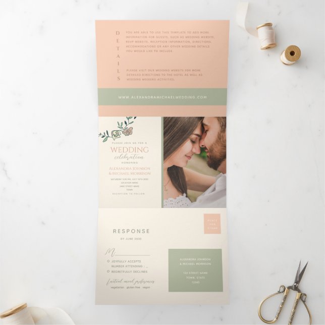 Dobra Tripla Convite de Casamento Tri-Fold Verde com Rubor (Dentro)