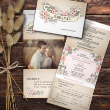Convite de Casamento Trifold com Fita Floral e RSV