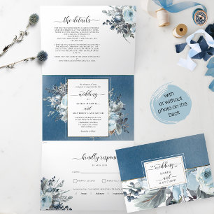 Dobra Tripla Convite para casamento de três folhas com RSVP Blu