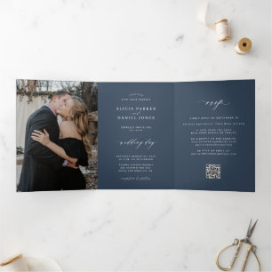 Dobra Tripla Minimalista convite de casamento azul navy com QR