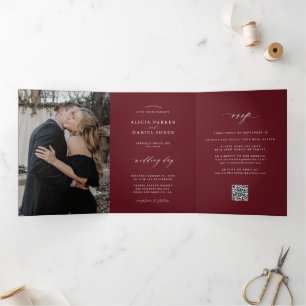 Dobra Tripla Minimalista convite de casamento burgundy com 2 fo