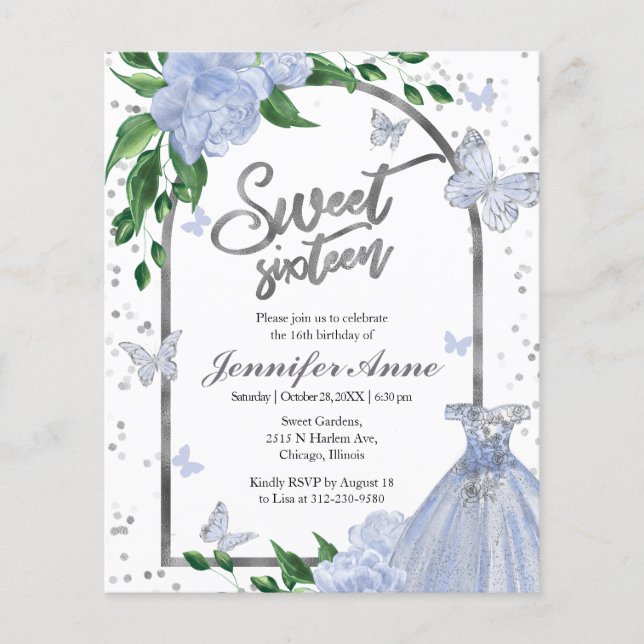 Doce 16 Butterflys Dusty Blue Orçamento Convite (Frente)
