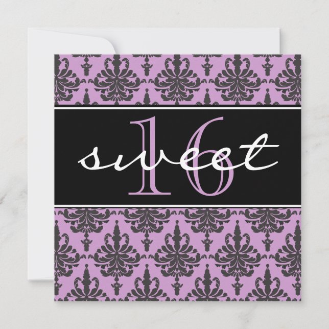 Doce 16 Convite de aniversário Damask (Frente)
