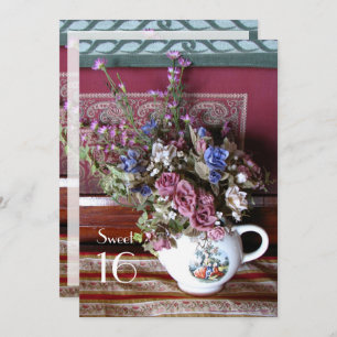 Doce 16 Convite de aniversário, Vintage Teapot