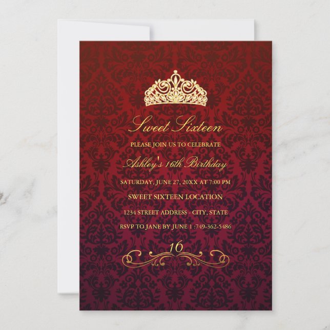 Doce 16 | Convite Tiara Vermelha & Damask (Frente)