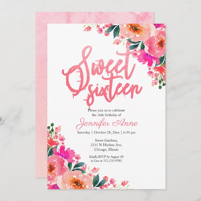 Doce 16 Convites Quente-Rosa Floral (Frente/Verso)