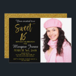 Doce 16 Folhas de Ouro Convite de Aniversário<br><div class="desc">Doce 16 Folha de Ouro Negra e Faux Convite de Aniversário Glamoroso. A foto neste convite pode ser atualizada,  assim como o nome,  a data e o local.</div>