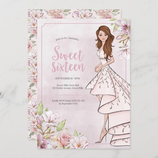 Doce 16 Garota Glamor Convite de Aniversário (Frente/Verso)