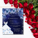 Doce 16 vestido azul marinho vestido floral convit<br><div class="desc">Um convite moderno, na moda e glamouroso para uma doce festa de aniversário 16, 16. Um fundo de marinho com brilhos falso prateados, um vestido e rosas azuis, florais. A cor de fundo azul é irregular. O nome é escrito com um moderno estilo escrito à mão. Personalize e adicione os...</div>