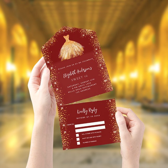 Doce 16 vestido de ouro vermelho RSVP (Criador carregado)