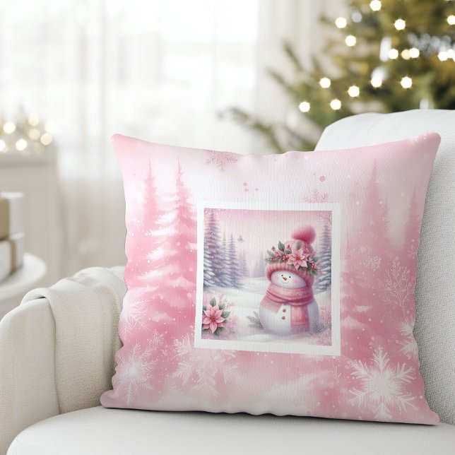 Doce Almofada de Cena de Inverno com Boneco de Nev (Sweet Pink Snowman Winter Scene Pillow Kids Gift)