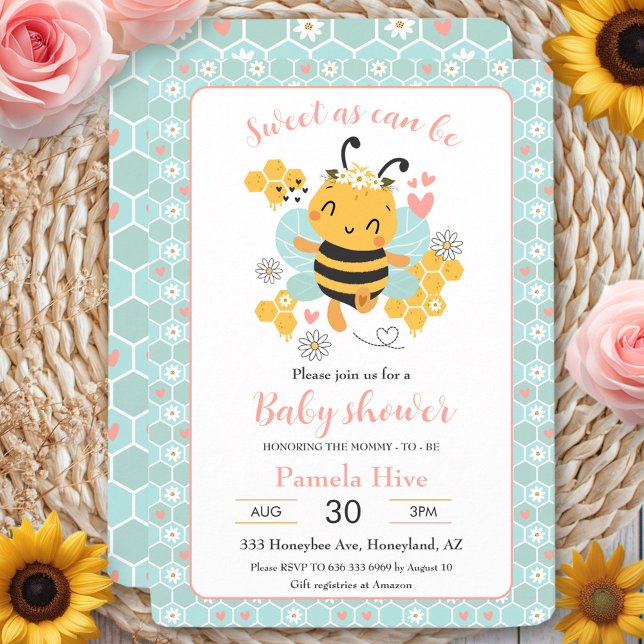Doce como pode ser o convite para Chá de fraldas d (Sweet as Can Bee Baby Girl Baby Shower Invitation)