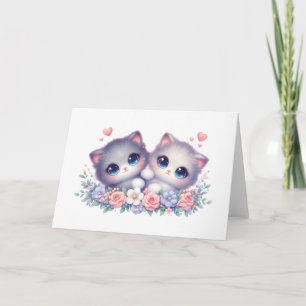 Doce Duo de Gatinhos Aconchegantes Floral Cartão d
