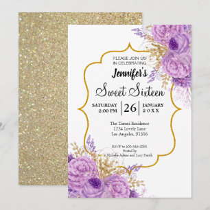 Doce Floral Roxo 16 Convite de Aniversário