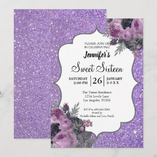 Doce Floral Roxo 16 Convite de Aniversário