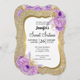 Doce Floral Roxo 16 Convite de Aniversário
