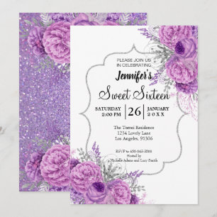 Doce Floral Roxo 16 Convite de Aniversário