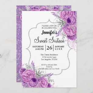 Doce Floral Roxo 16 Convite de Aniversário